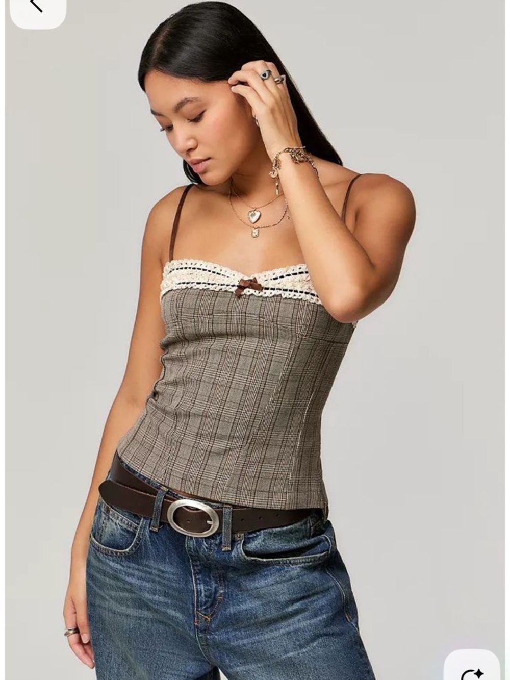 NWT KIMCHI BLUE Urban Outfitters Brown Plaid Lace-Trim Cami Top Sz 1Medium